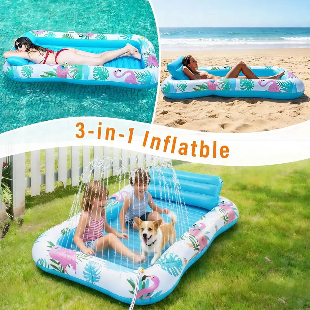 Sunsera Inflatable Tanning Pool Lounger with Sprinkler, 6-in-1 Suntan Tub Raft with Drink Holder