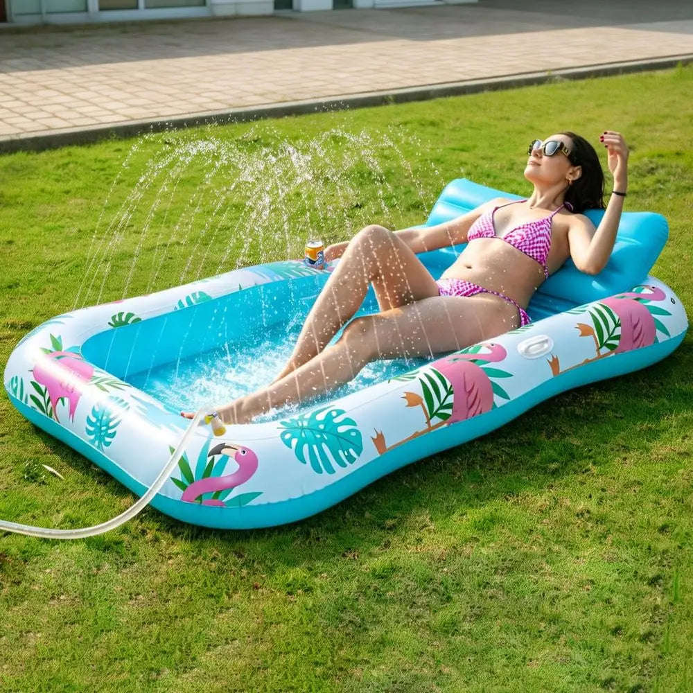 Sunsera Inflatable Tanning Pool Lounger with Sprinkler, 6-in-1 Suntan Tub Raft with Drink Holder
