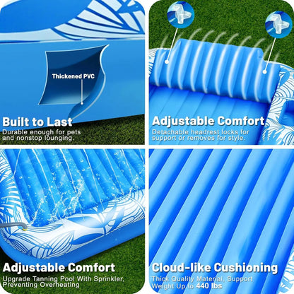 Sunsera Inflatable Tanning Pool Lounger with Sprinkler, 6-in-1 Suntan Tub Raft with Drink Holder