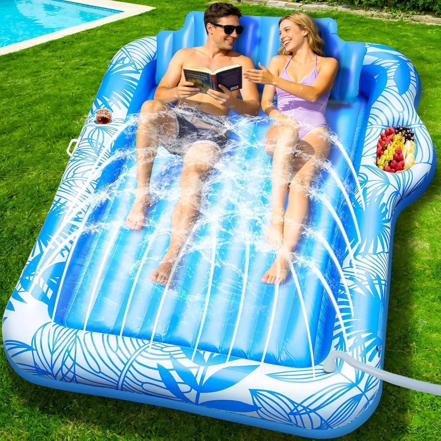 Sunsera Inflatable Tanning Pool Lounger with Sprinkler, 6-in-1 Suntan Tub Raft with Drink Holder