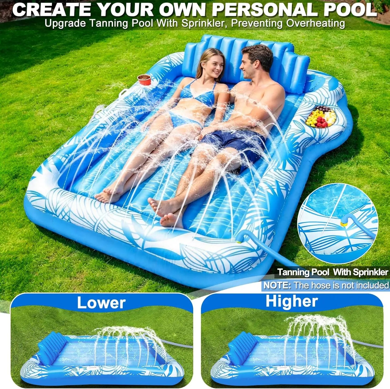 Sunsera Inflatable Tanning Pool Lounger with Sprinkler, 6-in-1 Suntan Tub Raft with Drink Holder